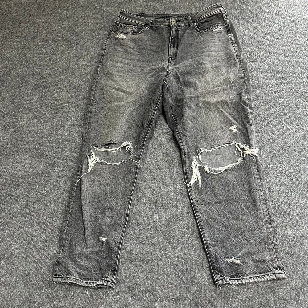 American Eagle Jeans Womens Size14 Black Distressed Ripped Relaxed Mom Fit Denim